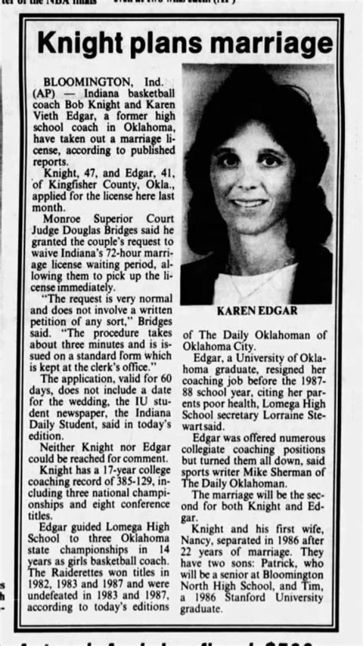 Bob Knight Family: Know About Wife Karen Vieth Edgar And Children