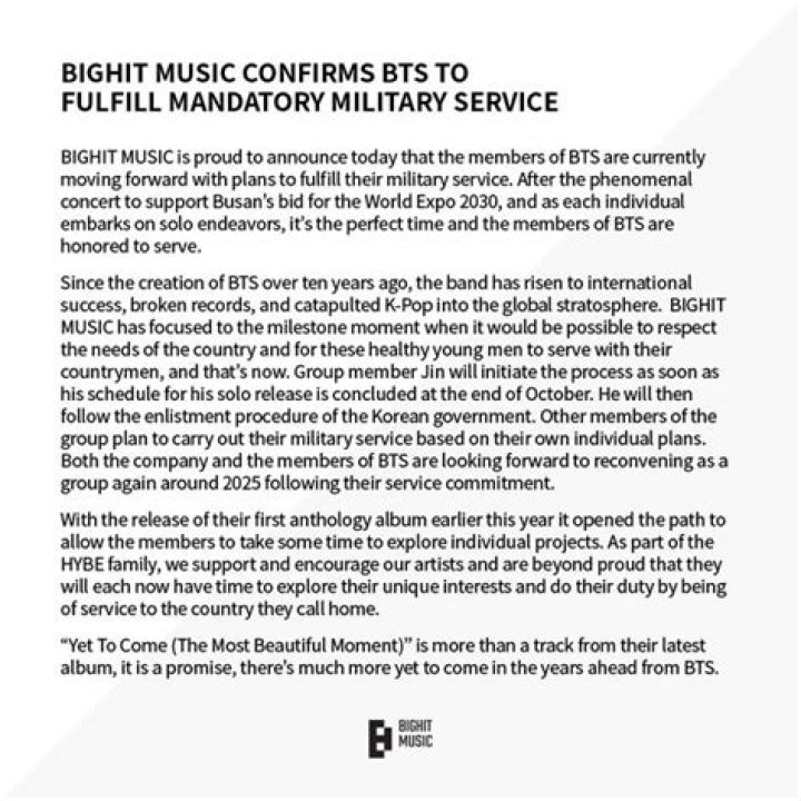 BTS Suga begins his military enlistment process, agency BIGHIT Music releases a statement – India TV