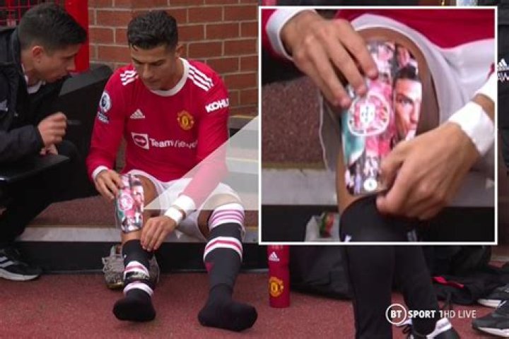 Cristiano Ronaldo gives glimpse of personalised shin pads with his own face on as he comes on for Man Utd vs Everton
