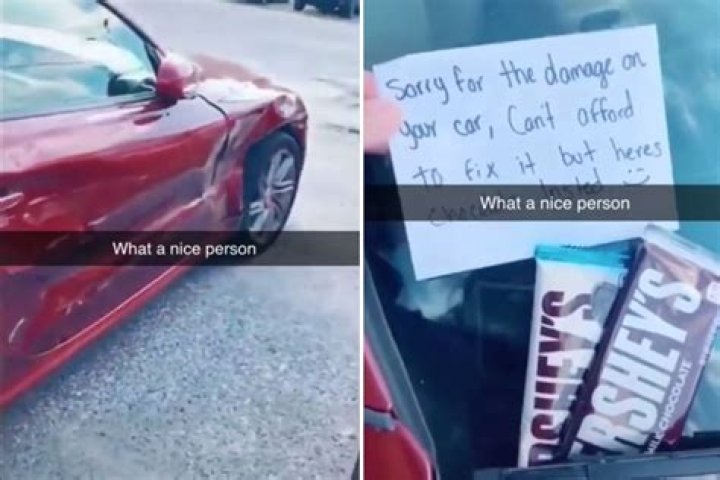 Driver crashes into parked car and leaves note saying 'I can't afford to fix it but here's chocolate'