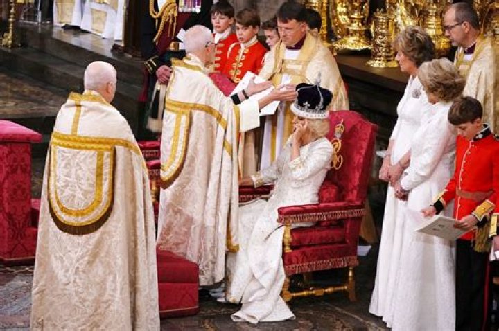 Queen Camilla Adjusts Crown, Is Blessed and Anointed in Coronation