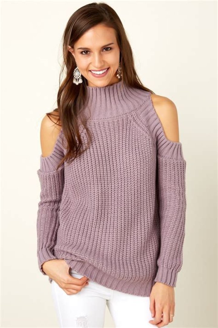 Shop Emma Roberts' Purple Cold-Shoulder Sweater