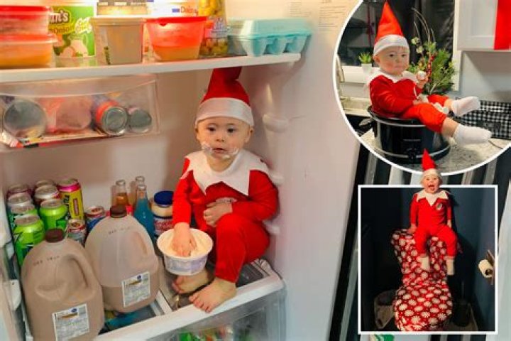 Toddler poses in fridge in adorable Elf on the Shelf-style snaps