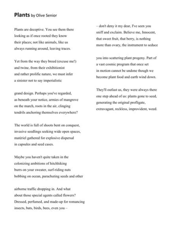 Quick Answer: What Is The Poem Plants By Olive Senior About